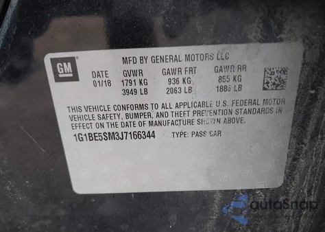 2018 Chevrolet Cruze Lt Auto z USA, uszkodzony, nr VIN 1G1BE5SM3J7166344